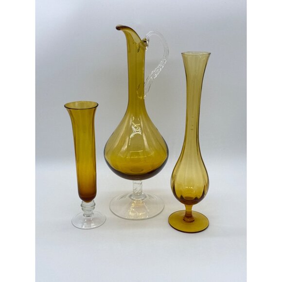 Vtg. Lot of 3 Amber/Gold Hand Blown Glass Lg Ewer w/applied Clear Handle & 2 Vas - Picture 2 of 11